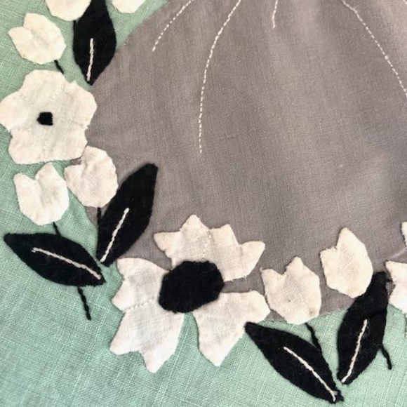 Vintage Hand Applique Tablecloth & 4 Napkins Green & Grey 40s Southern Belle - Picture 9 of 13